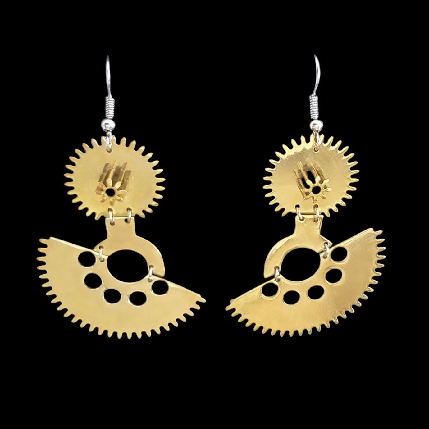 Asynchrony – Brass Asymmetrical Earrings – Reclaimed Watch Gears – Kinetic Design – Bitácora Collection