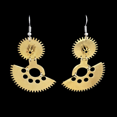 Asynchrony – Brass Asymmetrical Earrings – Reclaimed Watch Gears – Kinetic Design – Bitácora Collection