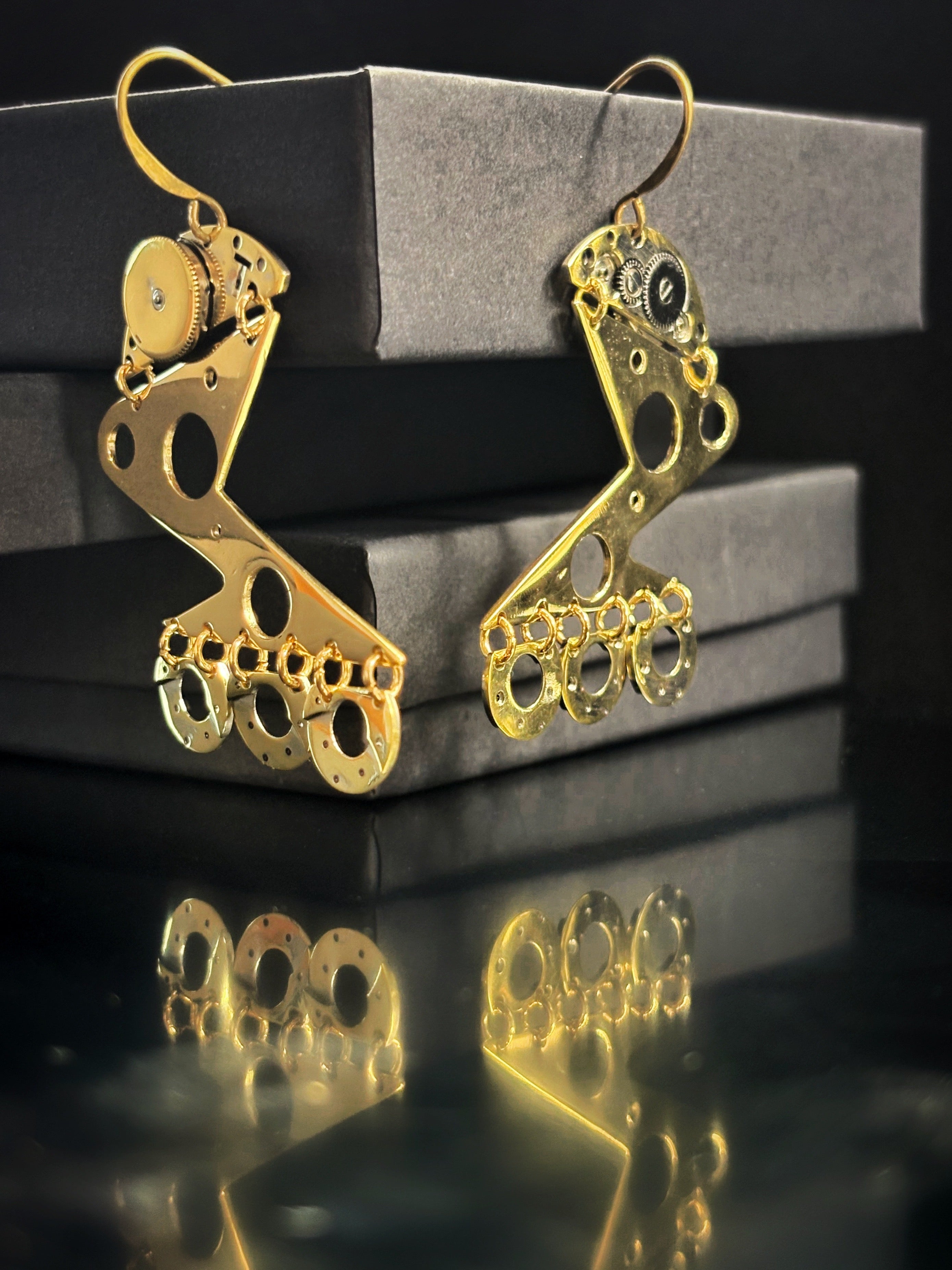 Statement Articulated Earrings with Vintage Watch Parts - Bitácora Collection - Glide