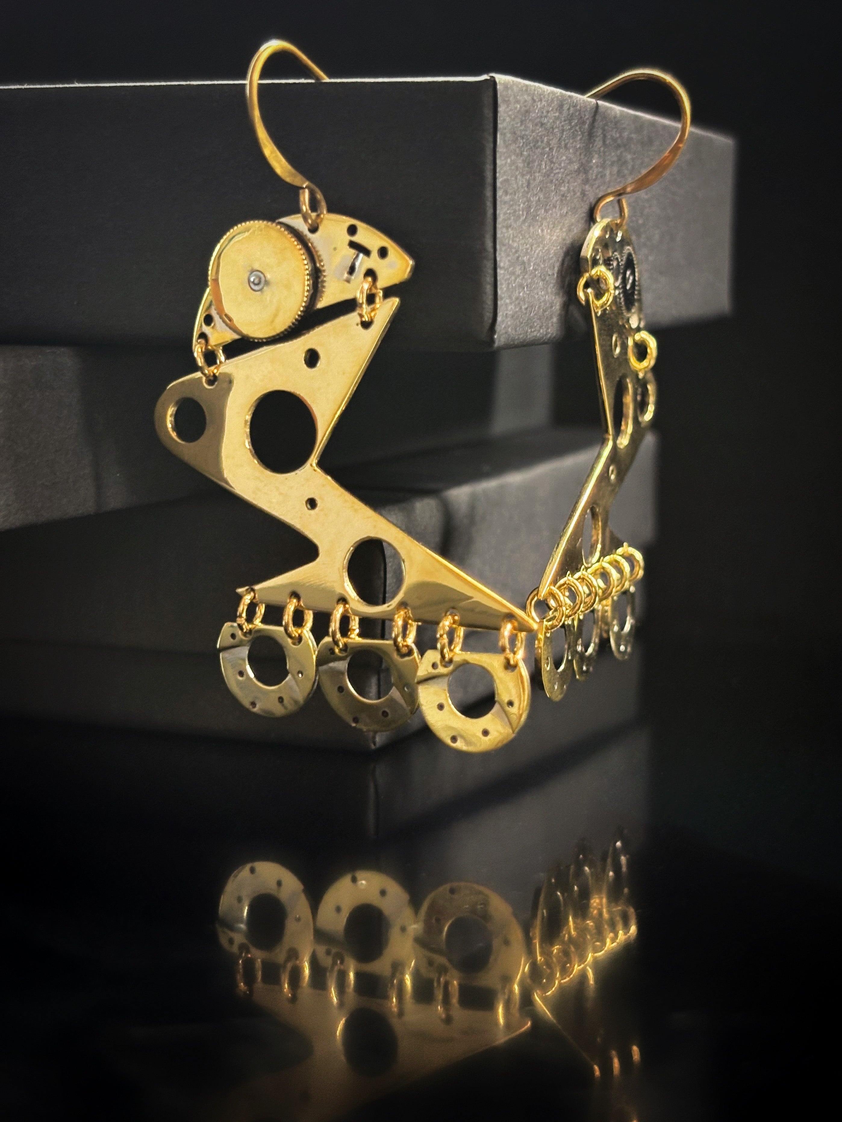 Statement Articulated Earrings with Vintage Watch Parts - Bitácora Collection - Glide