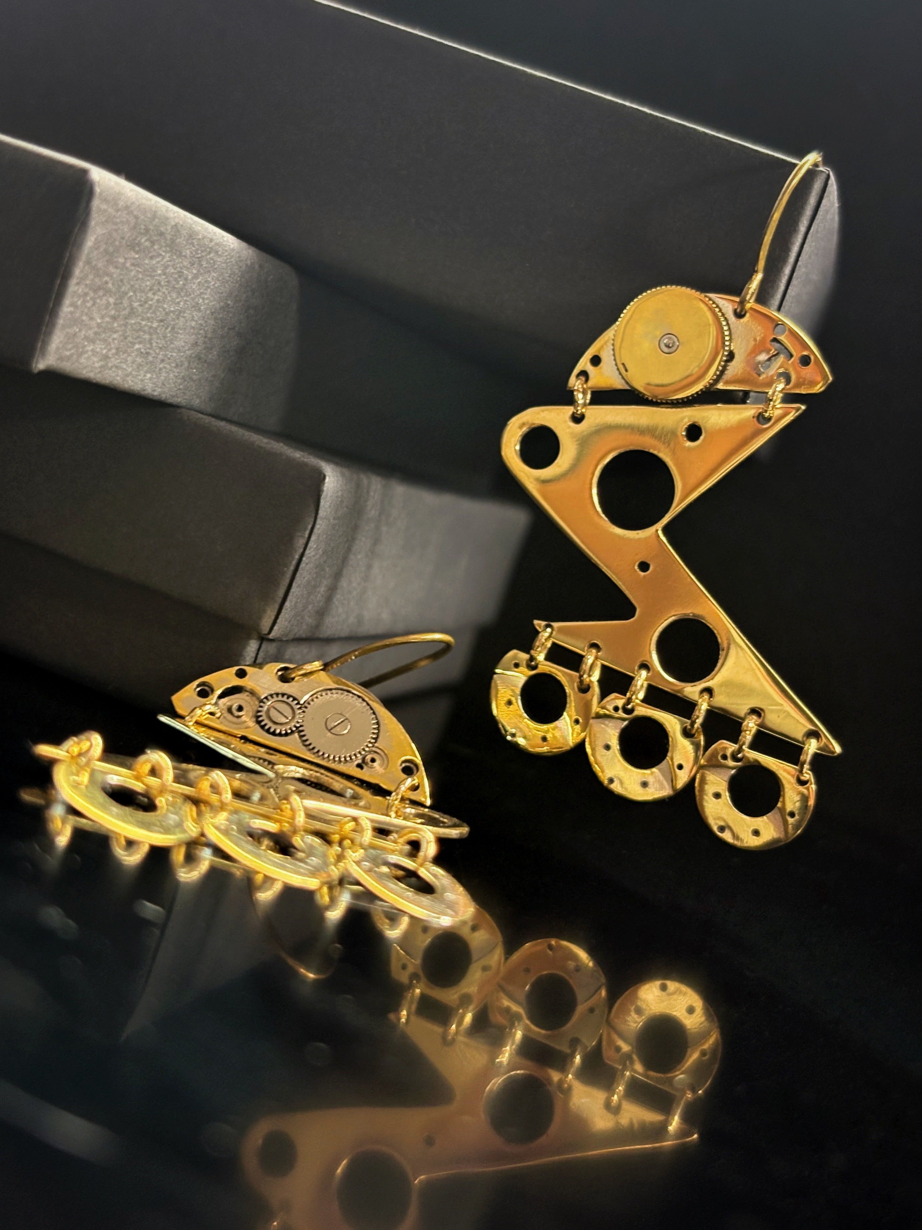 Statement Articulated Earrings with Vintage Watch Parts - Bitácora Collection - Glide