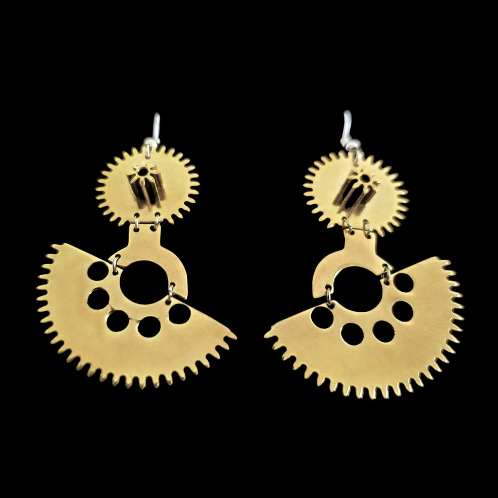 Asynchrony – Brass Asymmetrical Earrings – Reclaimed Watch Gears – Kinetic Design – Bitácora Collection