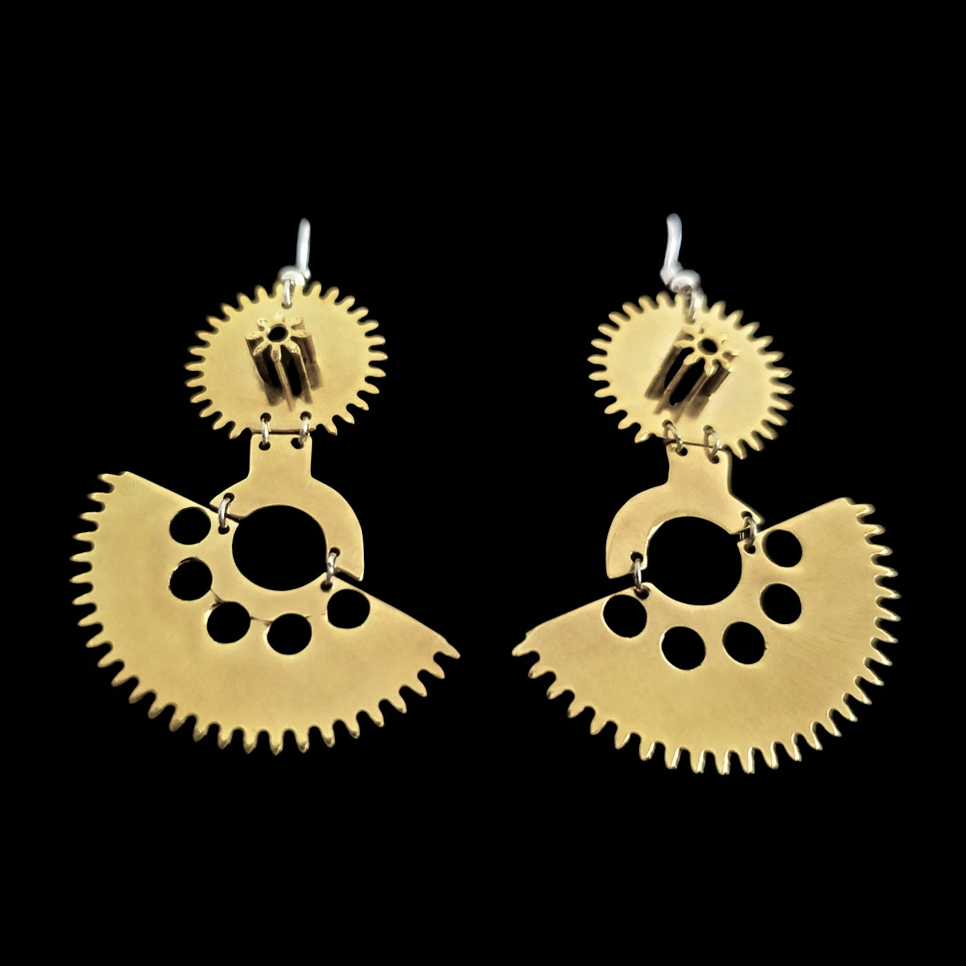 Asynchrony – Brass Asymmetrical Earrings – Reclaimed Watch Gears – Kinetic Design – Bitácora Collection
