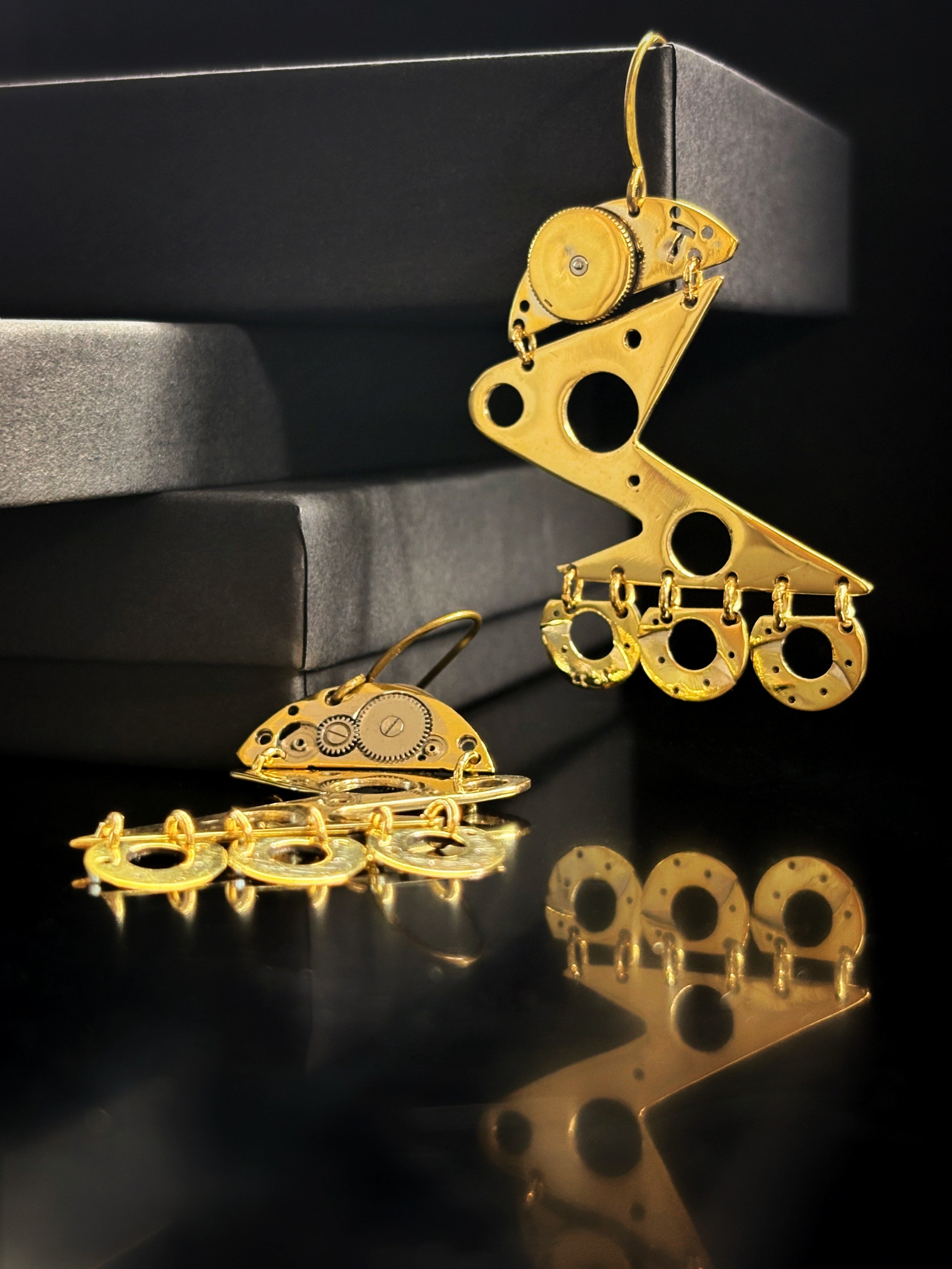 Statement Articulated Earrings with Vintage Watch Parts - Bitácora Collection - Glide