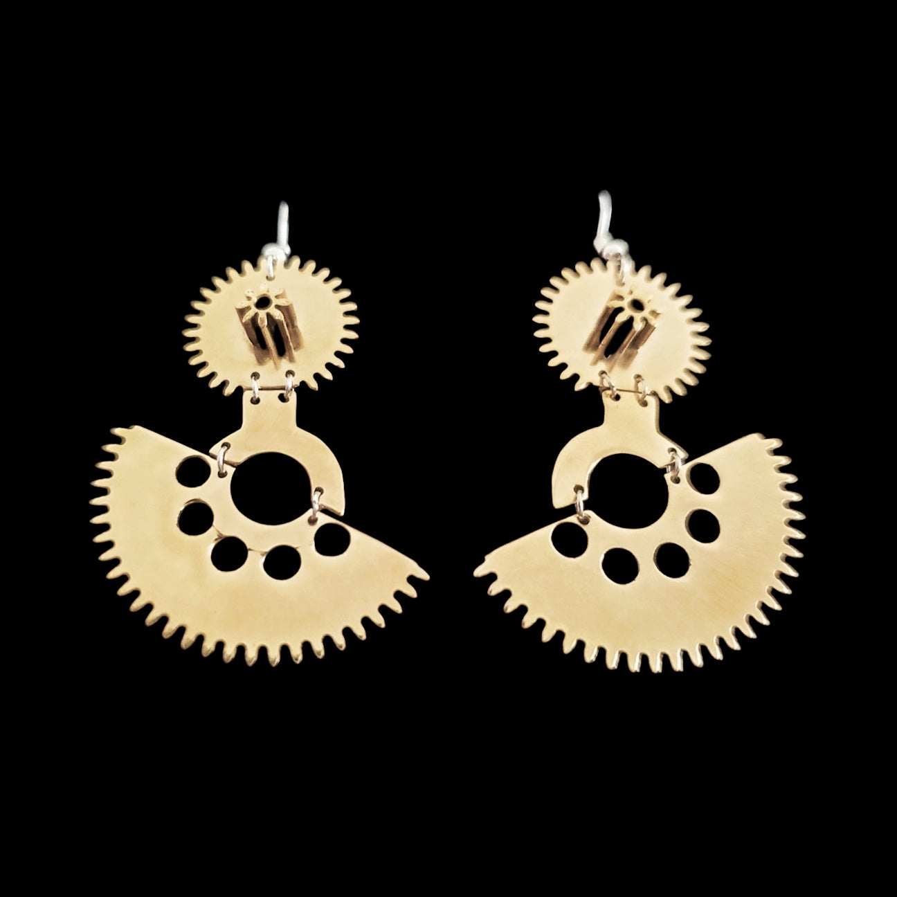 Asynchrony – Brass Asymmetrical Earrings – Reclaimed Watch Gears – Kinetic Design – Bitácora Collection