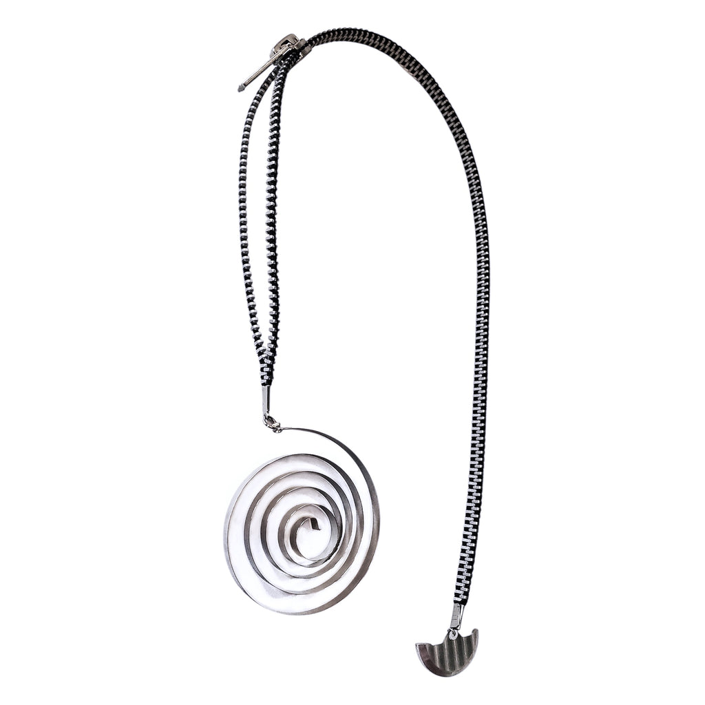 Spiral – Steel Pendant Necklace – Recovered Clock Mainspring – Bitácora Collection