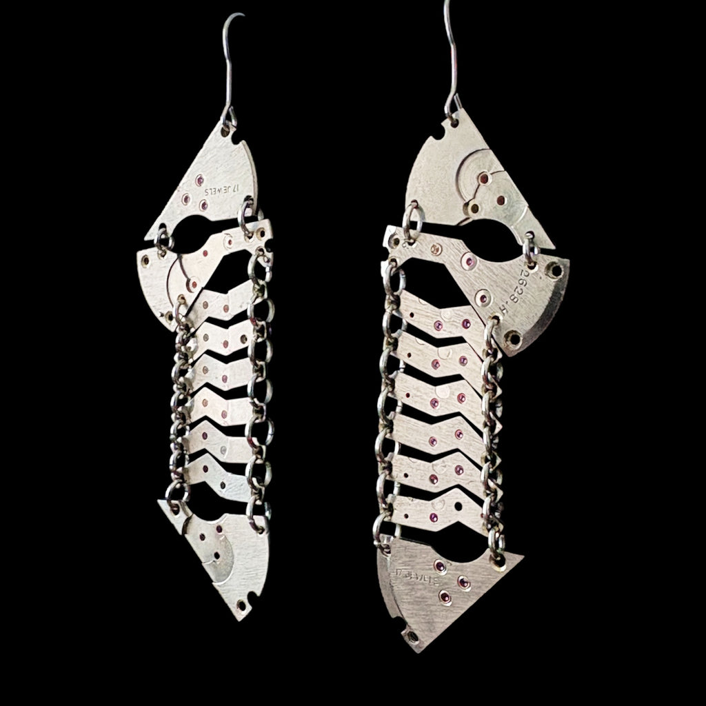 Articulated Watch Movement Earrings - Vertical Structure - Bitácora Collection - Spine