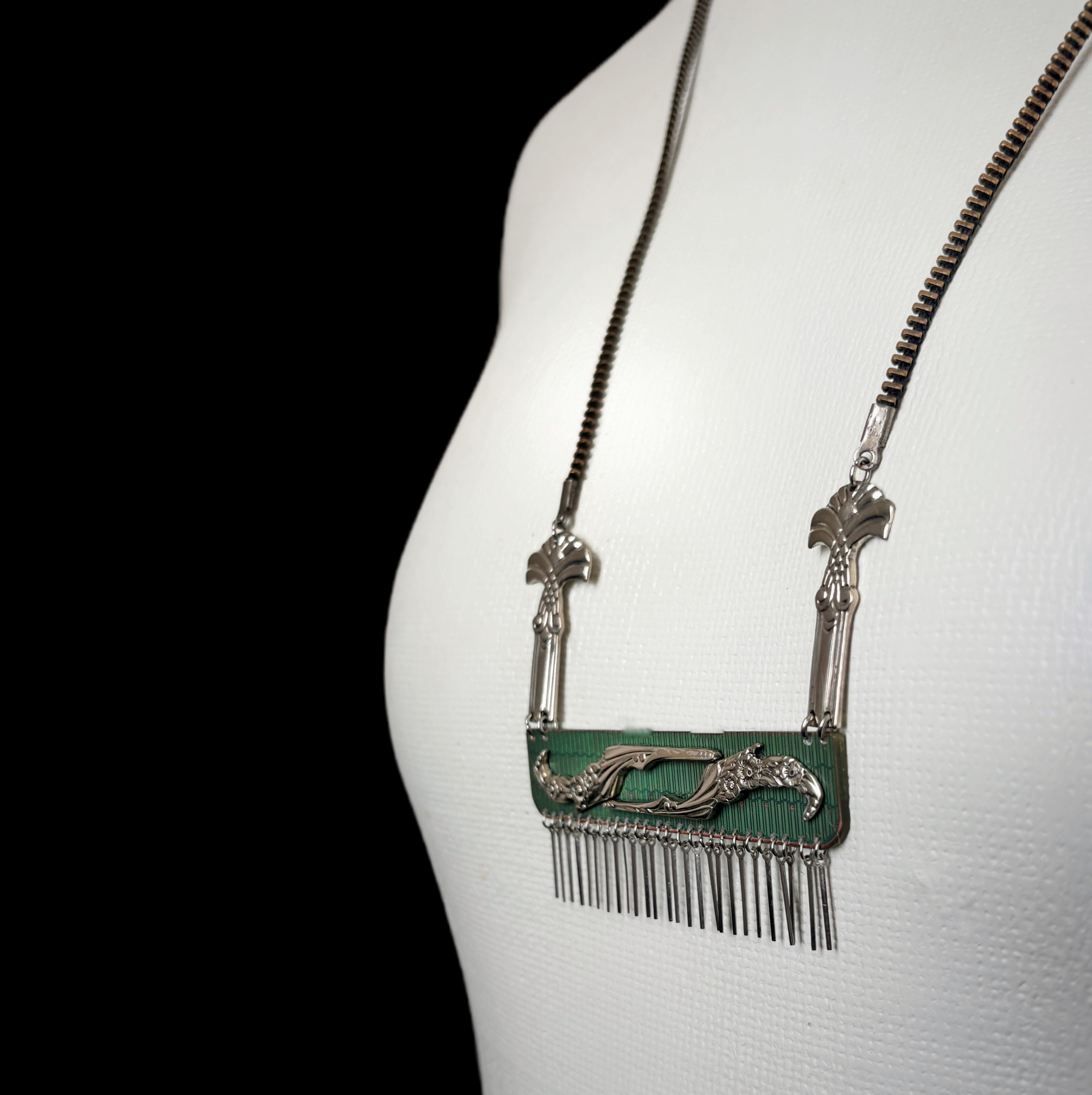 Sculptural Necklace - Circuit Board, Vintage Cutlery & Watch Hands Composition - Bitácora Collection - Relic