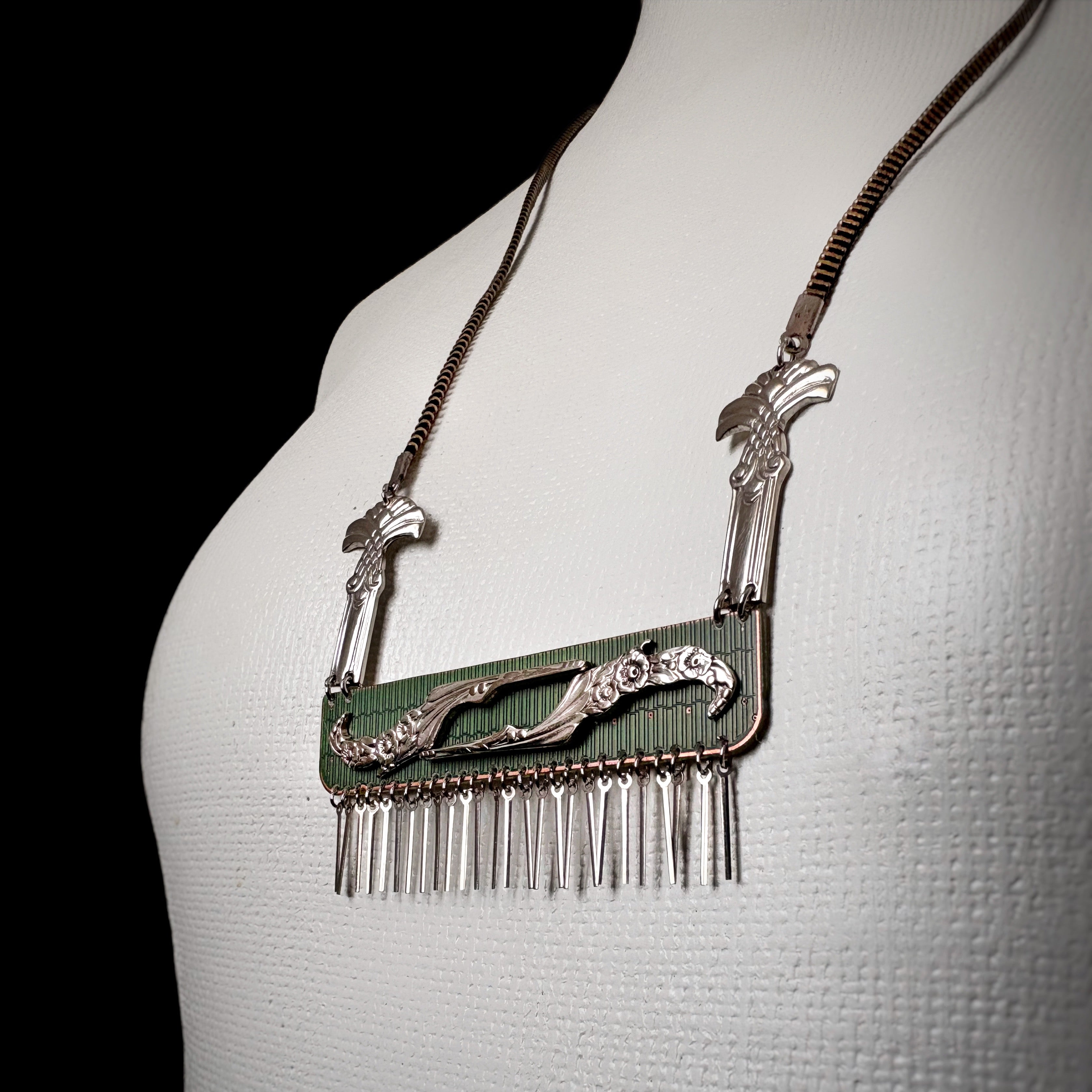 Sculptural Necklace - Circuit Board, Vintage Cutlery & Watch Hands Composition - Bitácora Collection - Relic