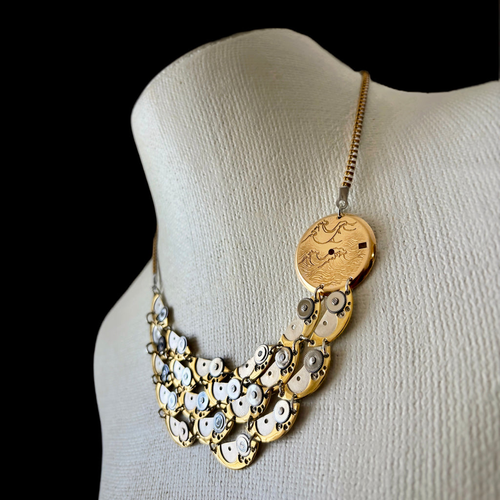 Articulate Bronze Necklace - Sculptural Layered Structure - Bitácora Collection - Waterfall