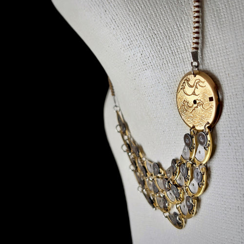 Articulate Bronze Necklace - Sculptural Layered Structure - Bitácora Collection - Waterfall