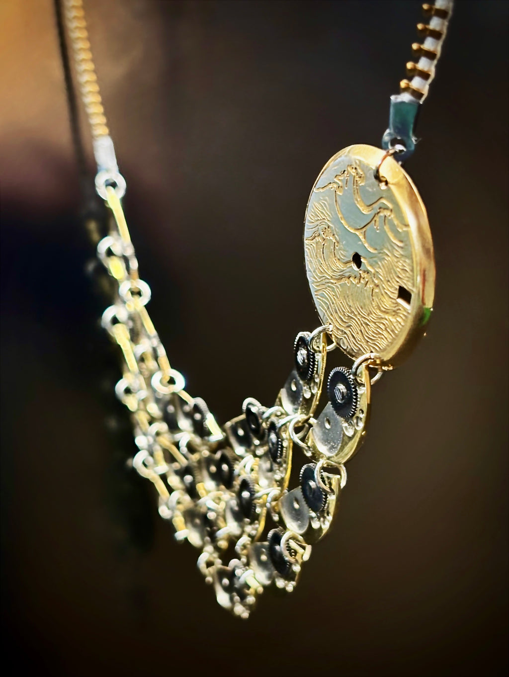 Articulate Bronze Necklace - Sculptural Layered Structure - Bitácora Collection - Waterfall