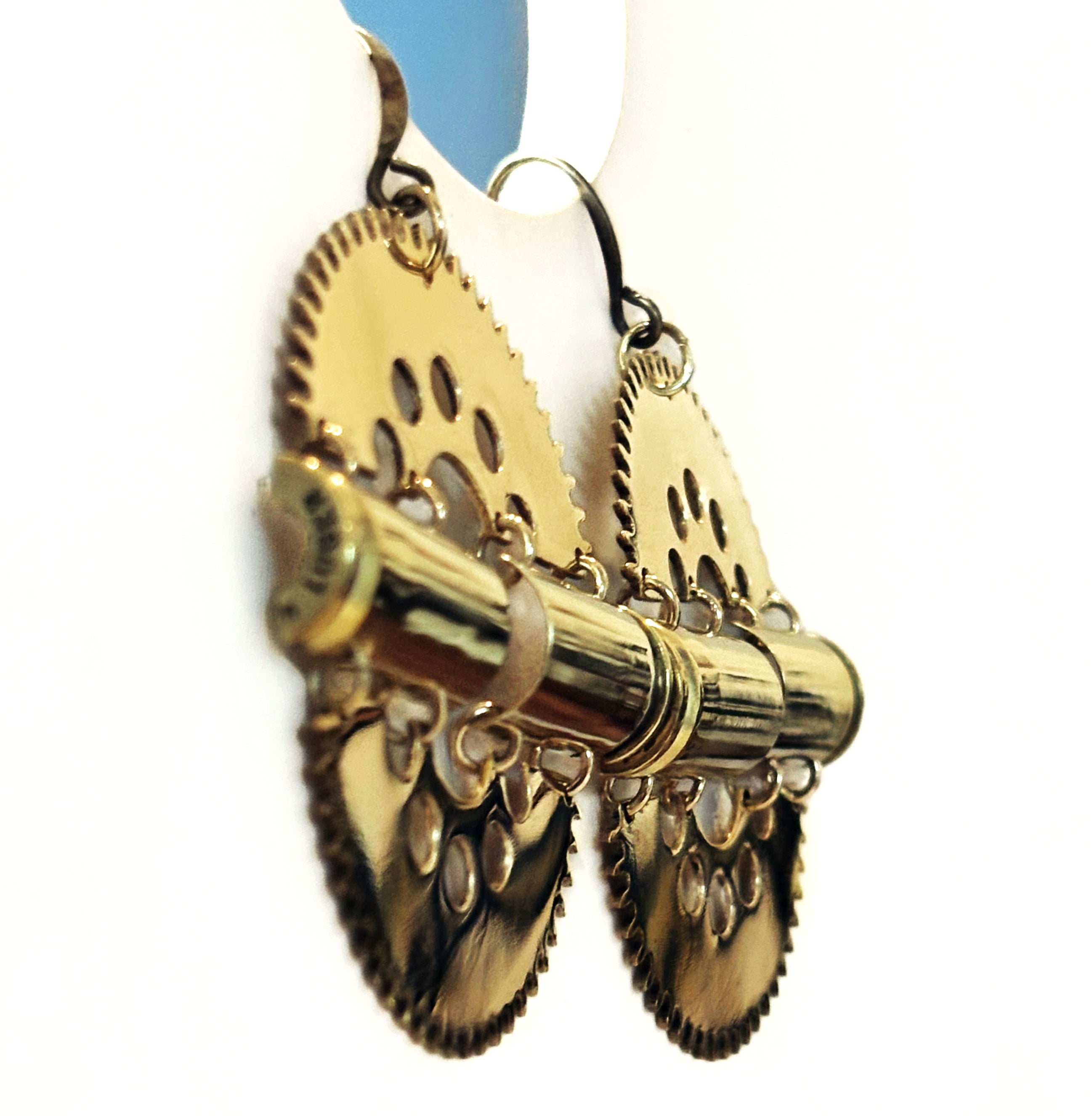 Impact – Statement Bronze Earrings with Bullet Casings and Gears | Symbolic Jewelry