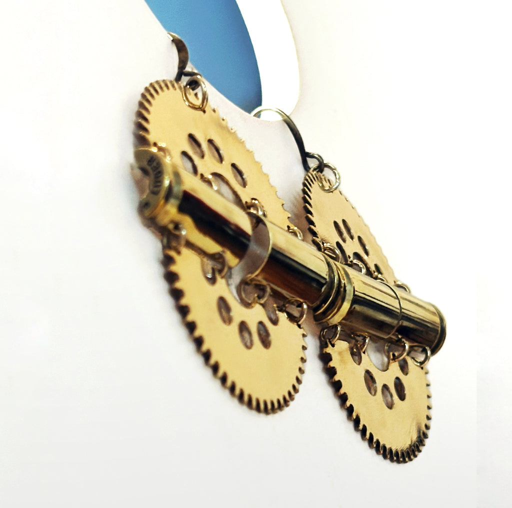 Impact – Statement Bronze Earrings with Bullet Casings and Gears | Symbolic Jewelry