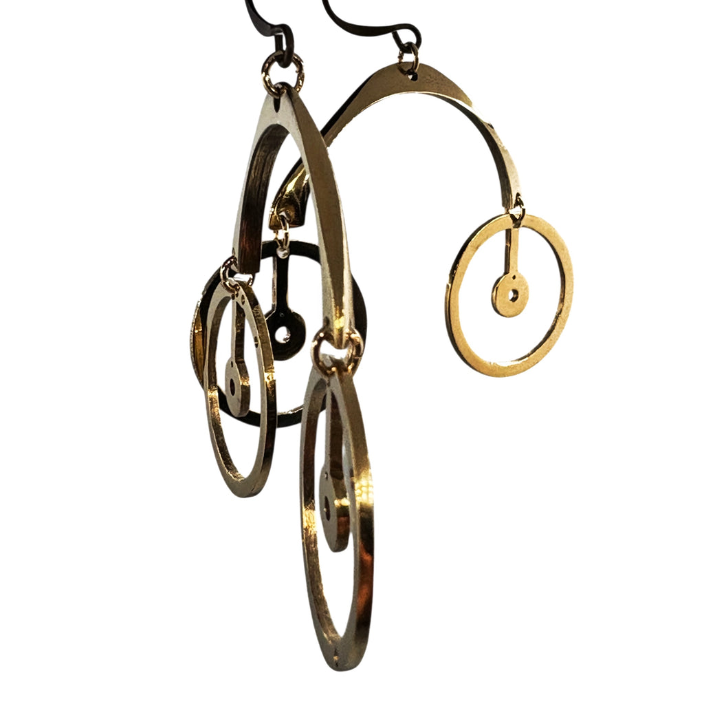 Mobile– Kinetic Brass Earrings with Suspended Watch Parts | Sculptural Jewelry