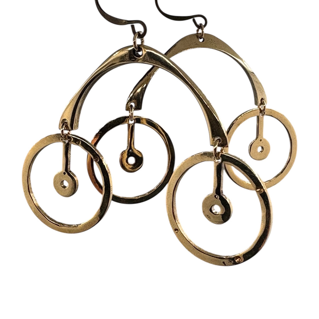 Mobile– Kinetic Brass Earrings with Suspended Watch Parts | Sculptural Jewelry