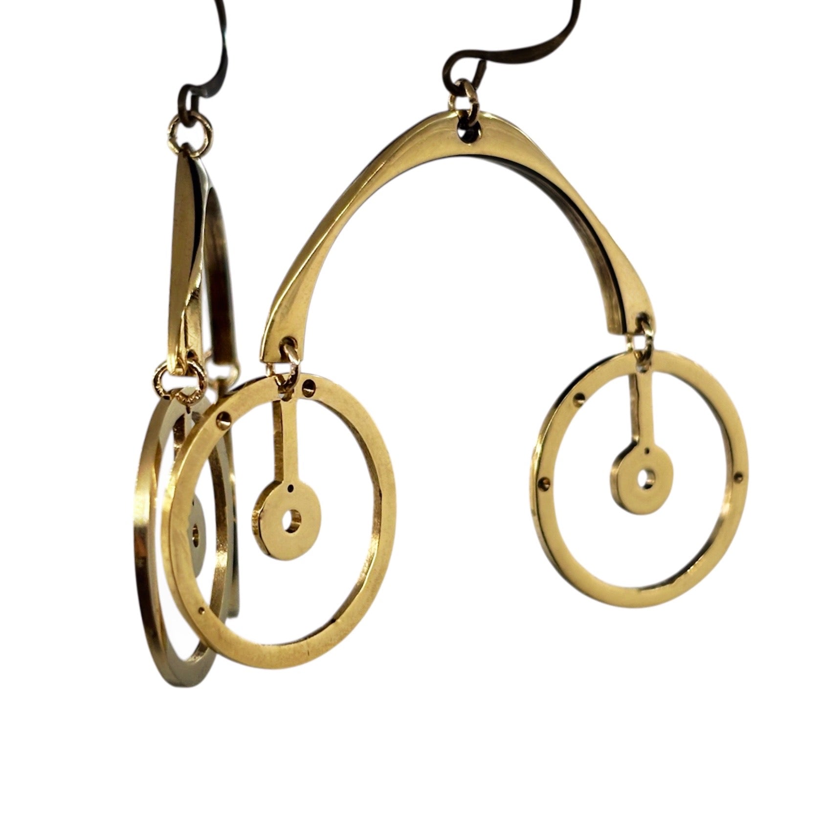 Mobile– Kinetic Brass Earrings with Suspended Watch Parts | Sculptural Jewelry