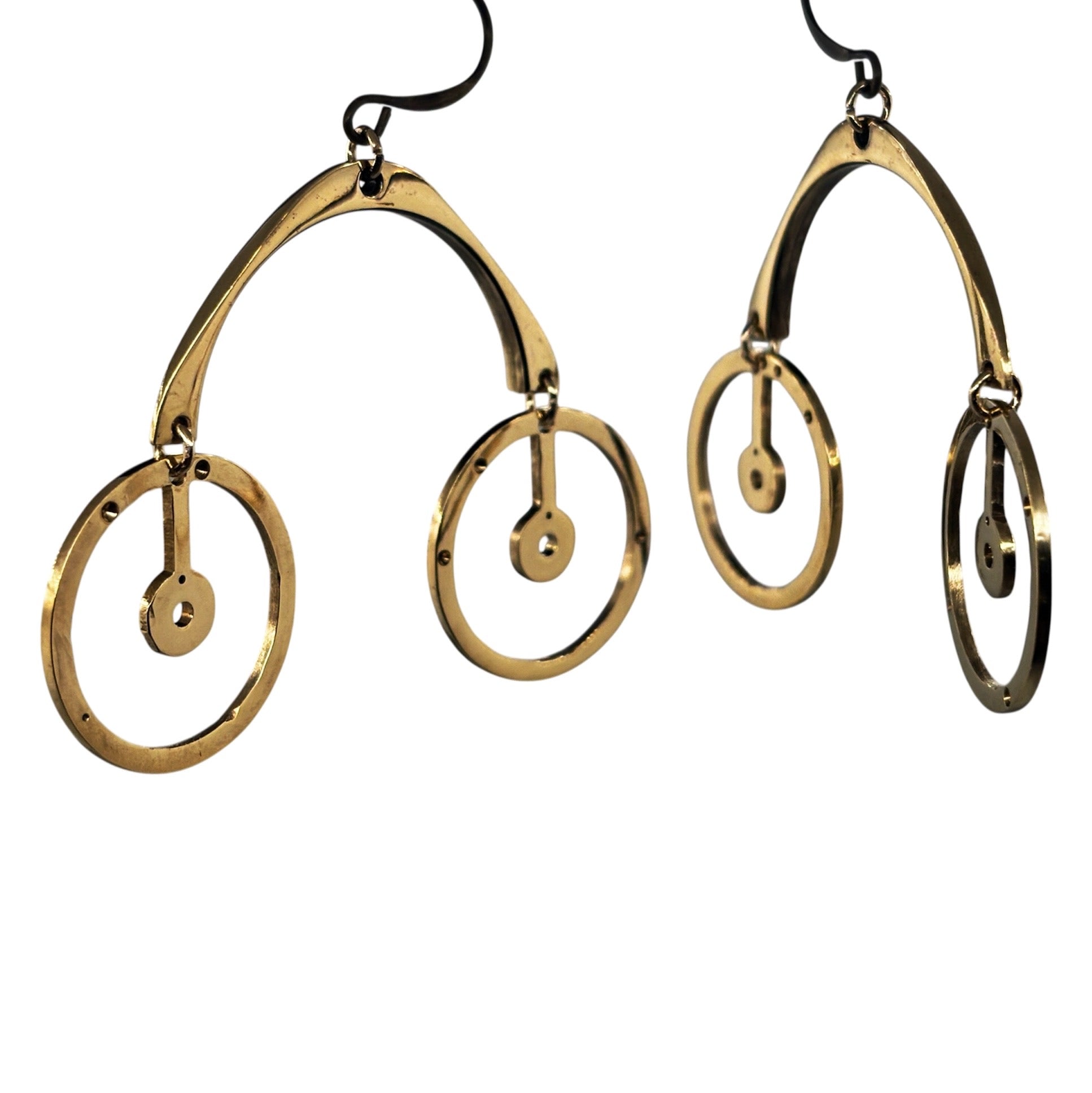 Mobile– Kinetic Brass Earrings with Suspended Watch Parts | Sculptural Jewelry