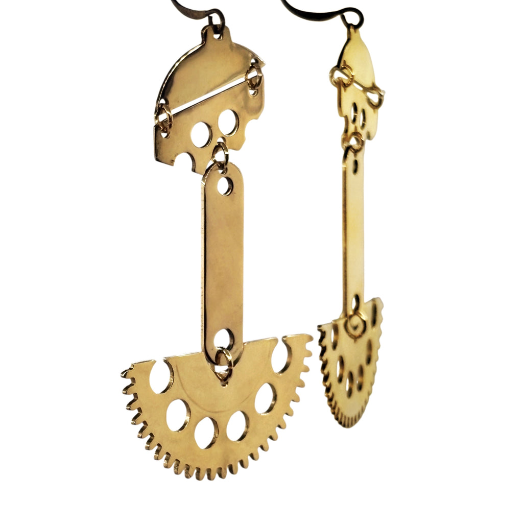 Balance– Asymmetrical Brass Earrings with Antique Gears | Balanced Design