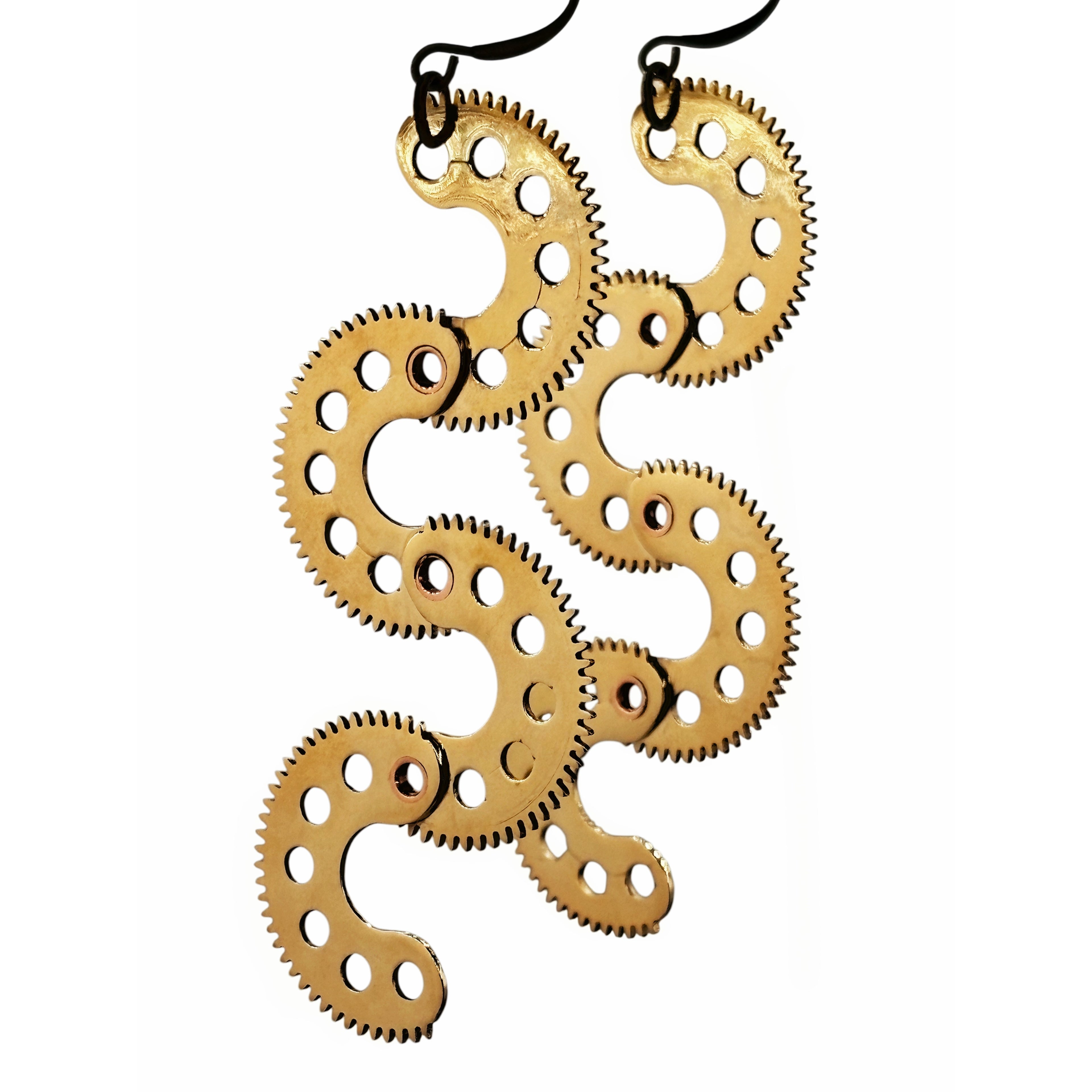 Serpentines – Articulated Brass Earrings with Vintage Watch Parts | Sculptural Jewelry