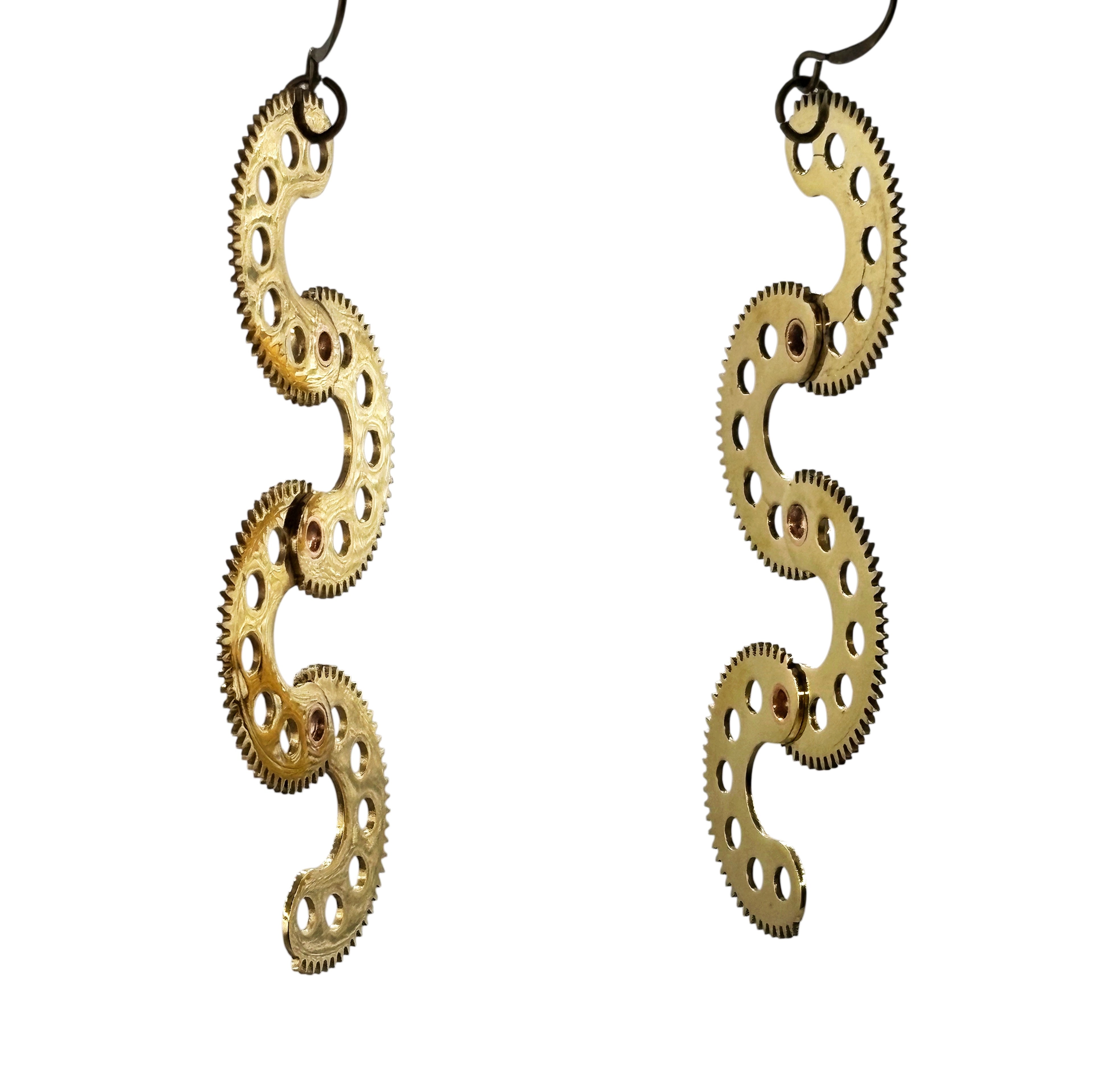 Serpentines – Articulated Brass Earrings with Vintage Watch Parts | Sculptural Jewelry