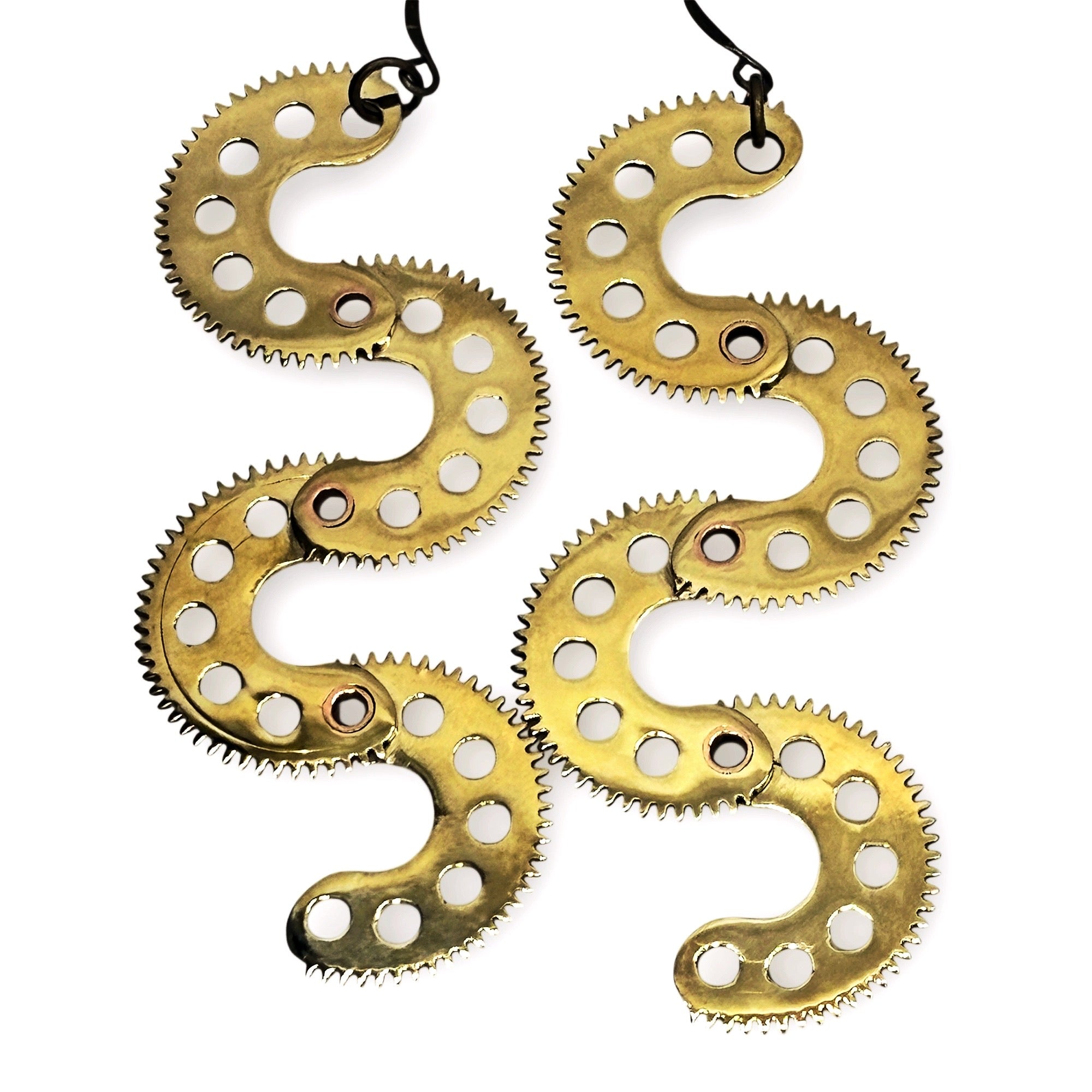 Serpentines – Articulated Brass Earrings with Vintage Watch Parts | Sculptural Jewelry