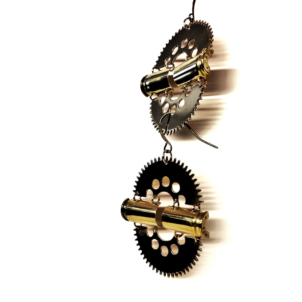 Impact – Statement Bronze Earrings with Bullet Casings and Gears | Symbolic Jewelry