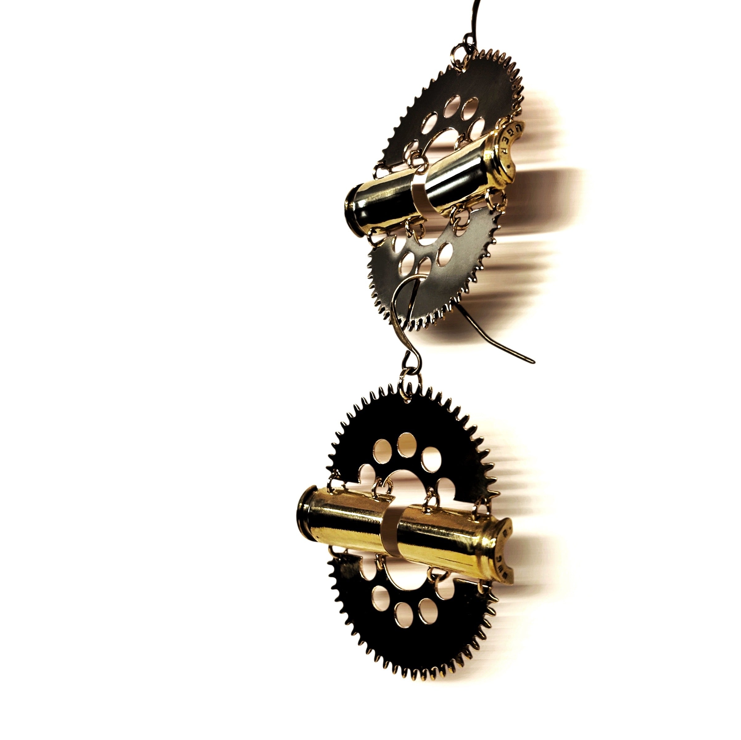 Impact – Statement Bronze Earrings with Bullet Casings and Gears | Symbolic Jewelry